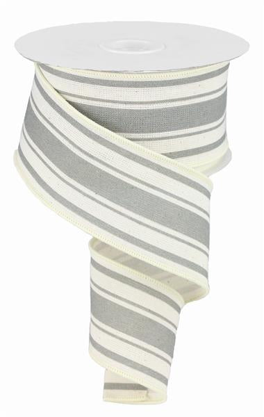 2.5" X 10 yd Farmhouse Stripe On Cotton Wired Edge Ribbon- Ivory/Cool Grey
