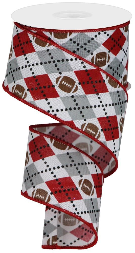 2.5"X10yd Argyle Footballs On Royal-Grey, Red, White Wired Edge Ribbon