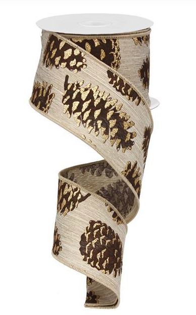 2.5"X10yd Pine Cone W/Glitter Tips Wired Edge Ribbon