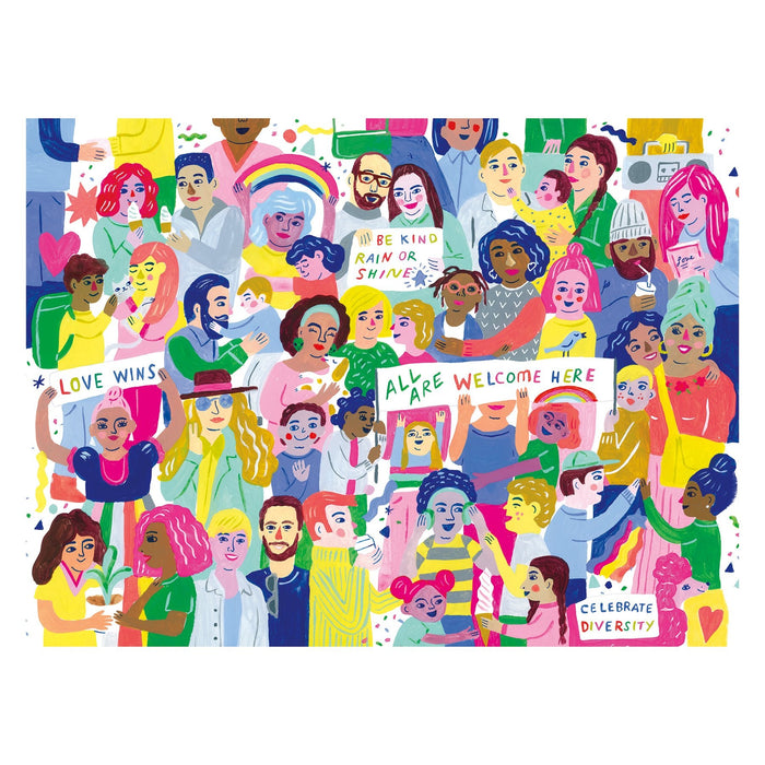 The Sarah Walsh All Are Welcome Here! 1000 Piece Family Puzzle features a vibrant scene of diverse people smiling and holding βLove Winsβ signs, with a rainbow backdropβcelebrating unity and diversity for joyful family fun.