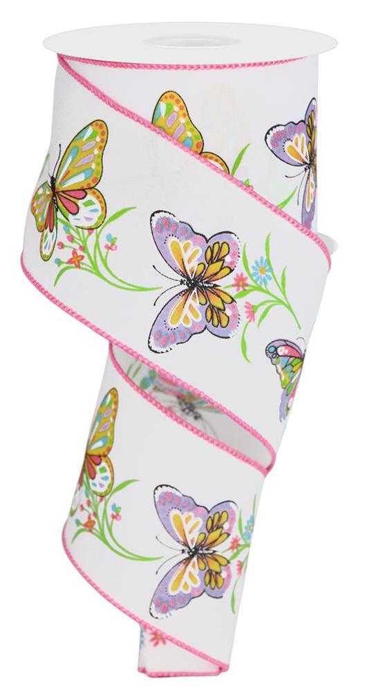 Craig Bachman Butterflies & Branches Wired Edge Ribbon, 10 Yards (2.5 Inch, White, Pink)