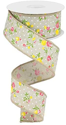 Floral Natural Ribbon, Vintage, Light Natural, Dots, Canvas, Wired, 1.5" X 10YD.