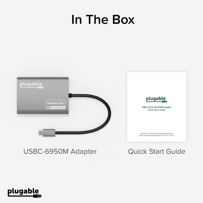 In the box: USBC-6950M DisplayLink 4K adapter and a multi-language Quick Start Guide.