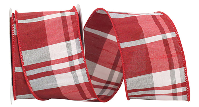 Reliant Grand Dupioni Plaid Base Wired Edge Ribbon, 2.5"x10yd, Red/silver