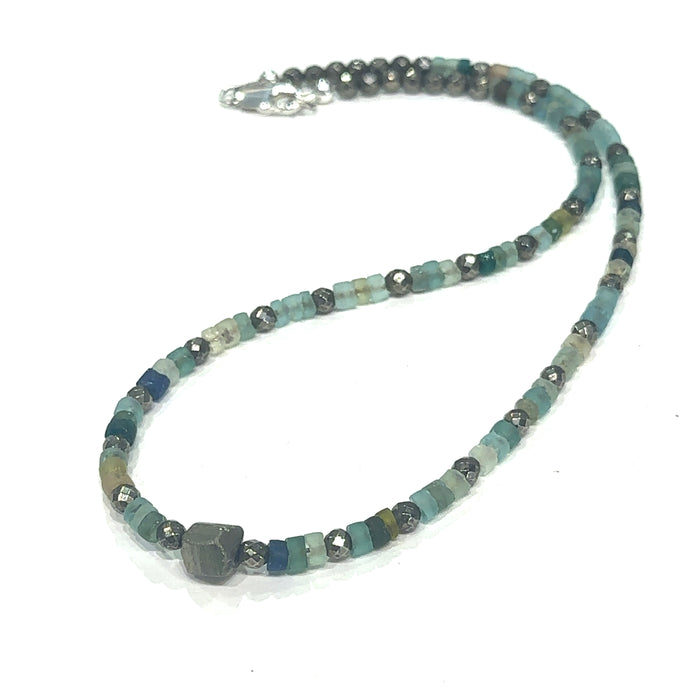 Roman Glass roundel‑cut beaded necklace with Pyrite gemstone accents, 16.5 inches long on white center long view