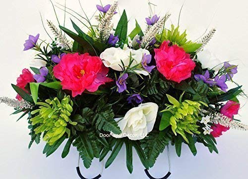 Spring Cemetery Flowers for Headstone and Grave Decoration-Pink Peony and White Rose Mix Saddle