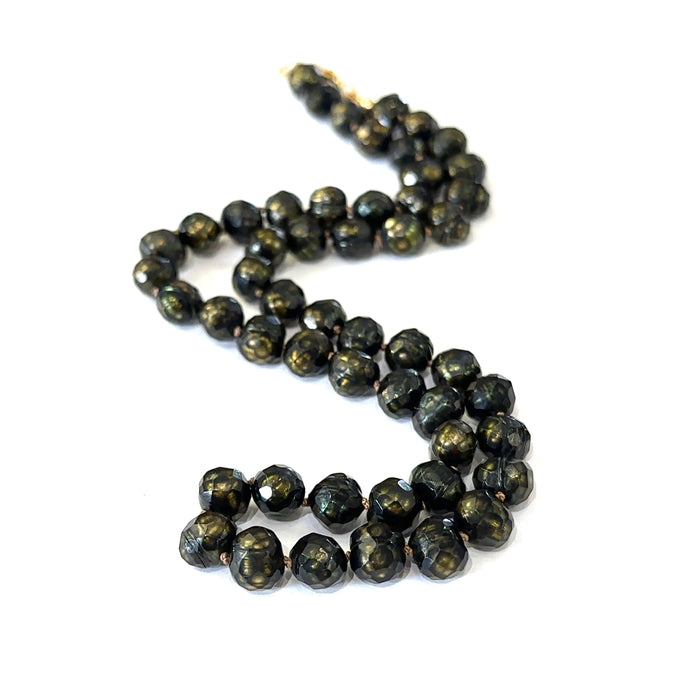Elegant 18 inch black pearl necklace handmade in Boston, Massachusetts on white center long overview