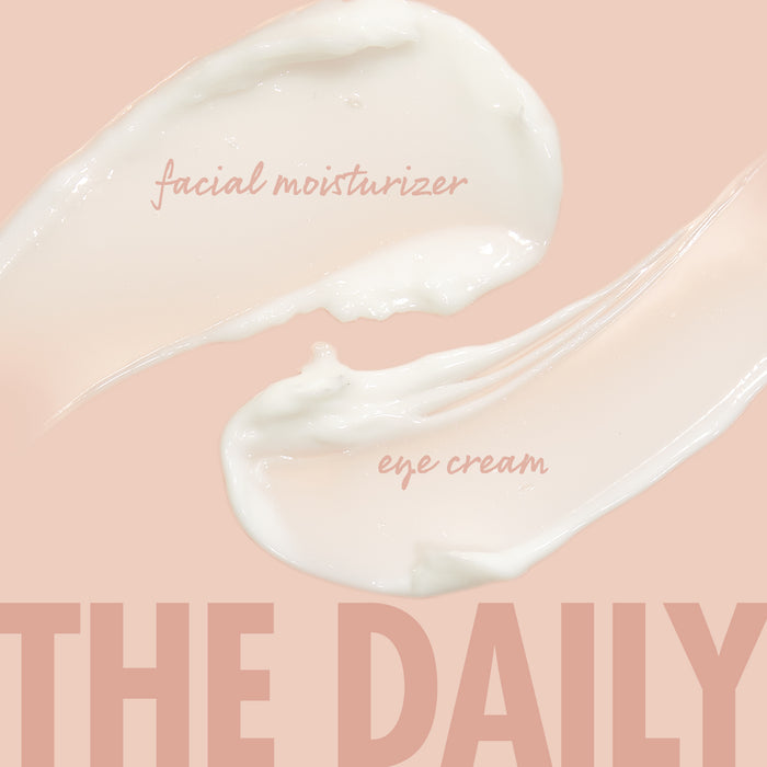 The Daily Face Cream, a ColourPop Face Moisturizer, swatched as glossy ivory streaks to showcase a silky, lightweight texture on a peach backdrop, with subtle βfacial moisturizerβ and βeye creamβ labels.