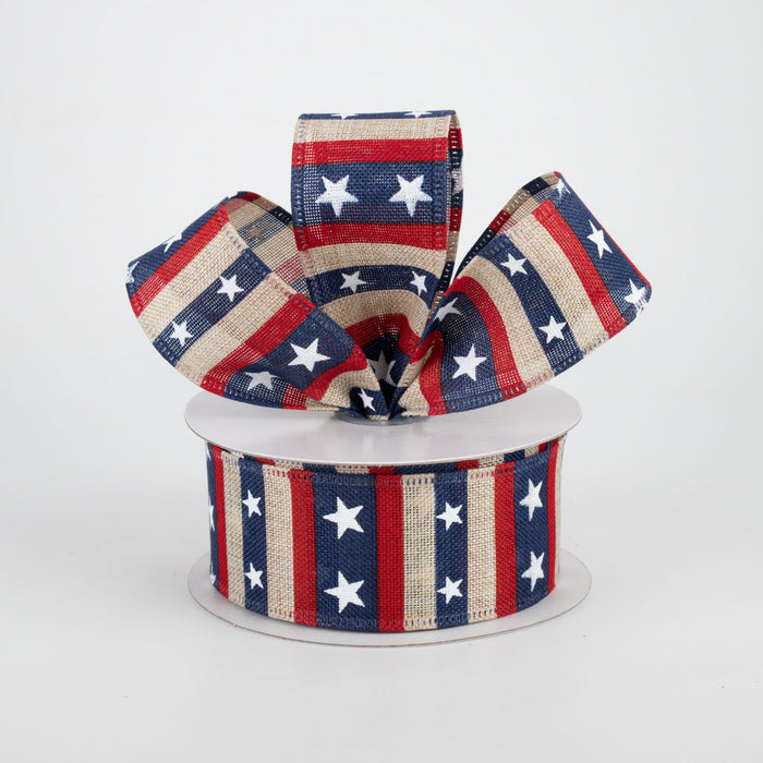 1.5" x 10yd Red and Navy Stripe with White Stars on Natural Wired Edge Ribbon