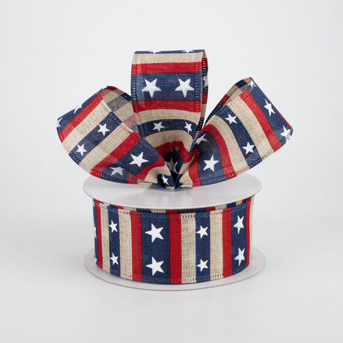 1.5" x 10yd Red and Navy Stripe with White Stars on Natural Wired Edge Ribbon