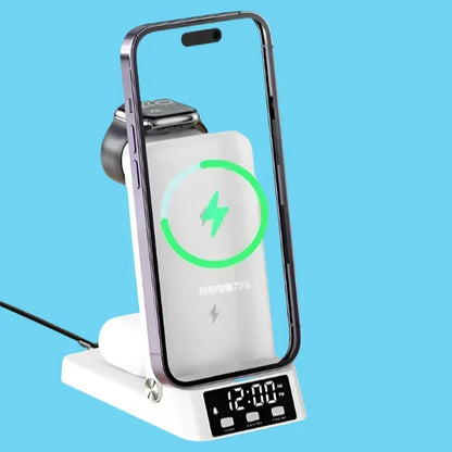 A phone charging station on a wooden table
