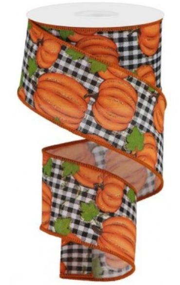 2.5" Pumpkin Patch Ribbon: Black White Buffalo Check (10 Yards) Pumpkin Autumn Fall Wired Ribbon RGA148027