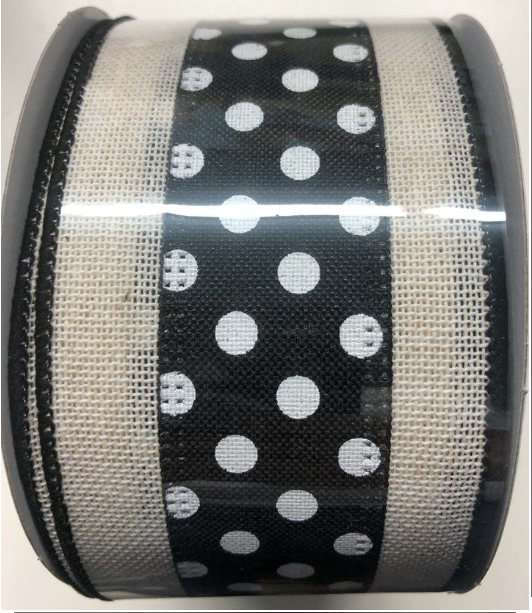 2.5" Wired Denim Dots Ribbon- Black and White-Wired Edge Ribbon