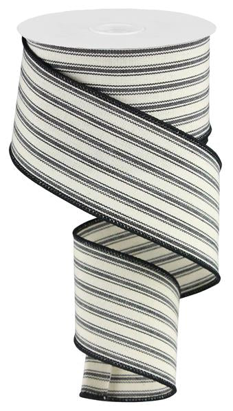 2.5" X 10 yd Wired Edge Ticking Ribbon- Beige/Black