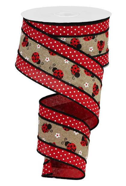 2.5"X10yd 2 In 1 Ladybugs On Swiss Dots Wired Edge Ribbon