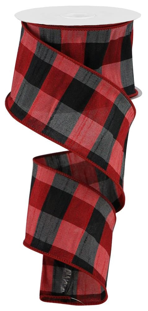 2.5"X10yd Faux Dupioni Red Black Silver 20MM Check
