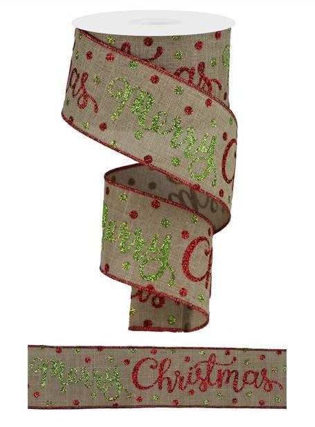 2.5"X10yd Merry Christmas Script/Royal Wired Edge Ribbon