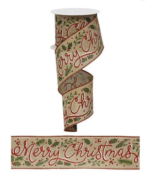 2.5"X10yd Merry Christmas with Holly Wired Edge Ribbon