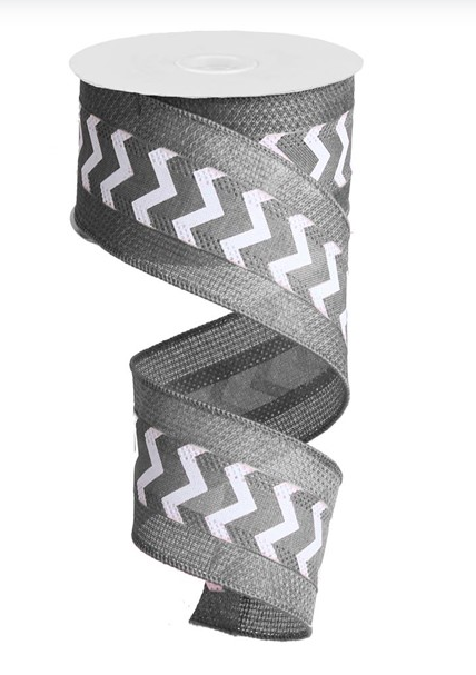 2.5"X10yd Mini Chevron White on Grey Wired Edge Ribbon with Cross Royal