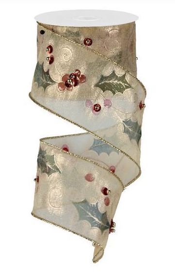 2.5"X10yd Sheer Holly with Beads Christmas Ribbon