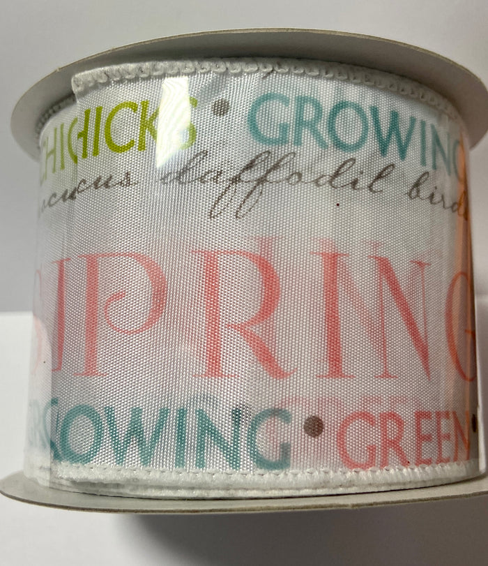 2.5"x10yd Spring Easter Words Print on White Satin Wired Edge Ribbon