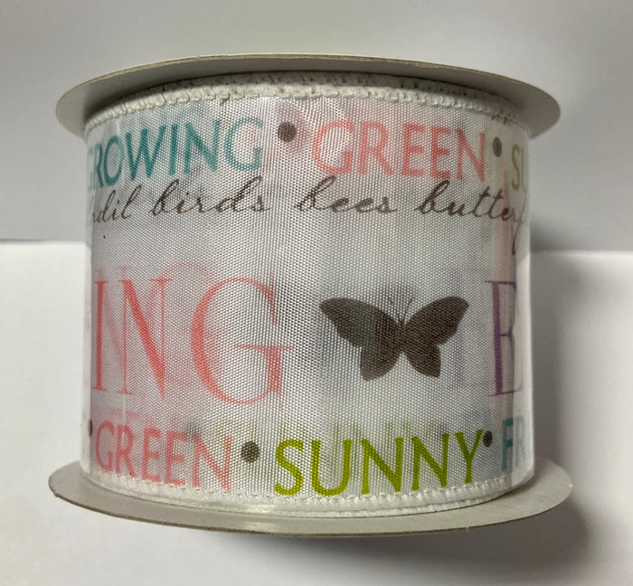 2.5"x10yd Spring Easter Words Print on White Satin Wired Edge Ribbon