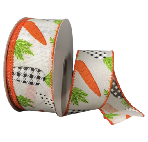 2.5"x10yd Wired Satin Pattern Carrots Ribbon-Easter, Spring-Orange and Black and White Check