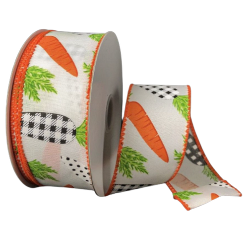 2.5"x10yd Wired Satin Pattern Carrots Ribbon-Easter, Spring-Orange and Black and White Check