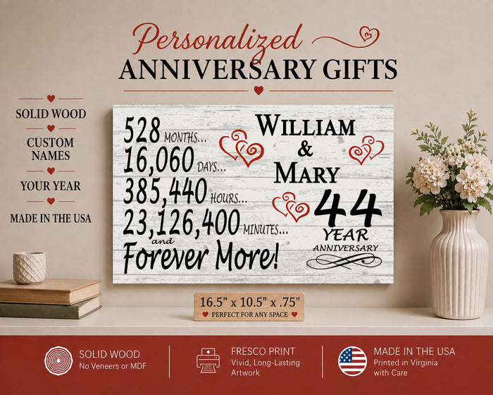 44th Anniversary Gift - Personalized Wood Sign for Couples