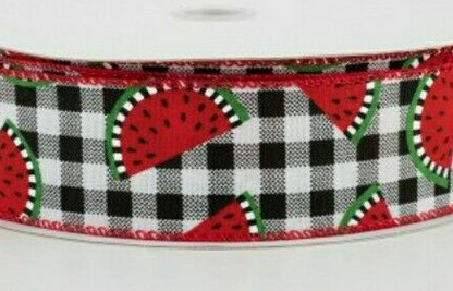50 YDS X 1.5" Wide Juicy Watermelon Slices on Black & White Check Wired Ribbon
