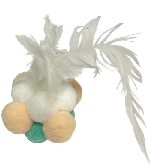 Ball of Fluffy Balls with Feather and ball attached - 2.75" Ball and extension of feathers - Dog.Dog.Cat.