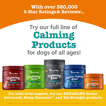 Five containers of Zesty Paws Calming Bites dog treats in red, green, gray, blue, and orange bottles arranged in a row.