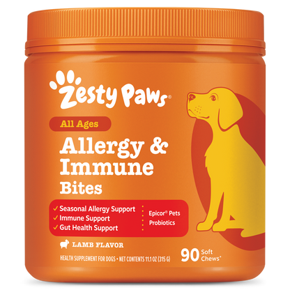 Orange container of Zesty Paws Allergy & Immune Bites dog supplement with yellow dog illustration and product details on labe
