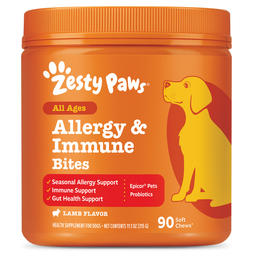 Orange container of Zesty Paws Allergy & Immune Bites dog supplement with yellow dog illustration and product details on labe