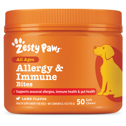Orange jar of Zesty Paws Allergy & Immune Bites for dogs in lamb flavor, containing 50 soft chews.