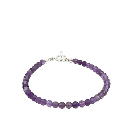 A beaded 3mm faceted  Amethyst gemstone bracelets, displayed against a white background, front close up overview. (toggle)