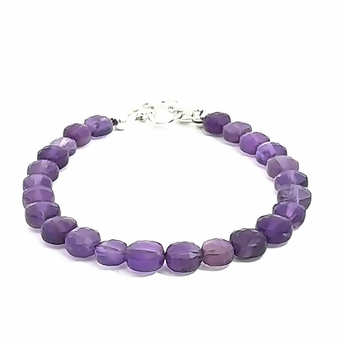 A beaded Amethyst faceted coin gemstone bracelets with a sterling silver toggle, displayed against a white background, front overview.