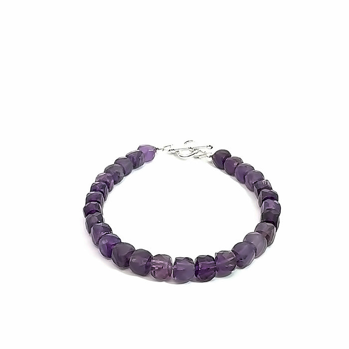 One 6.5'' Amethyst gemstone bracelet w/SS toggle (8x8mm faceted cube)