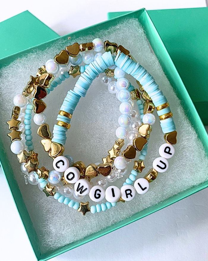 Arenas Tour Bracelet Stack: Cowgirl Up Sky/Pearl/Gold • NEW