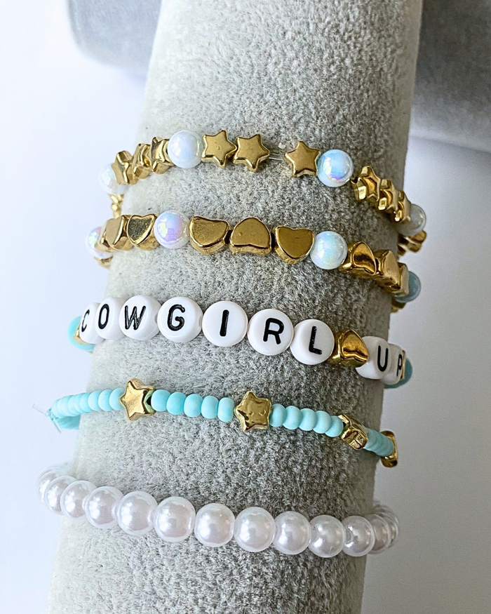 Arenas Tour Bracelet Stack: Cowgirl Up Sky/Pearl/Gold • NEW
