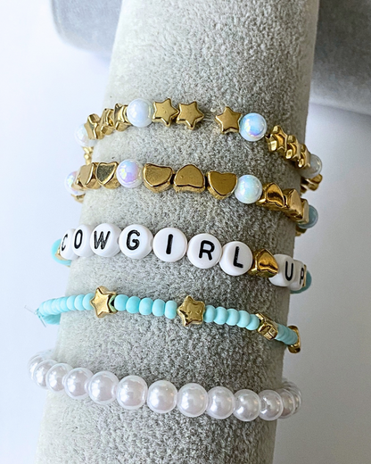 Arenas Tour Bracelet Stack: Cowgirl Up Sky/Pearl/Gold • NEW