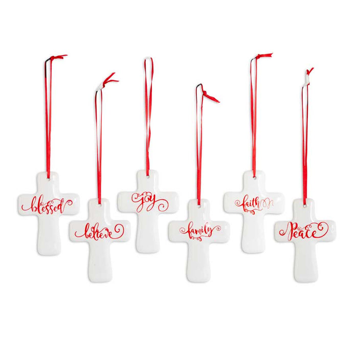Assorted White Ceramic Cross Ornaments w/Inspirational Red Script