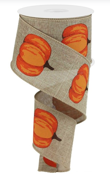 Autumn Pumpkins Wired Edge Ribbon, 2.5 Inches x 10 Yards (Beige, Orange)
