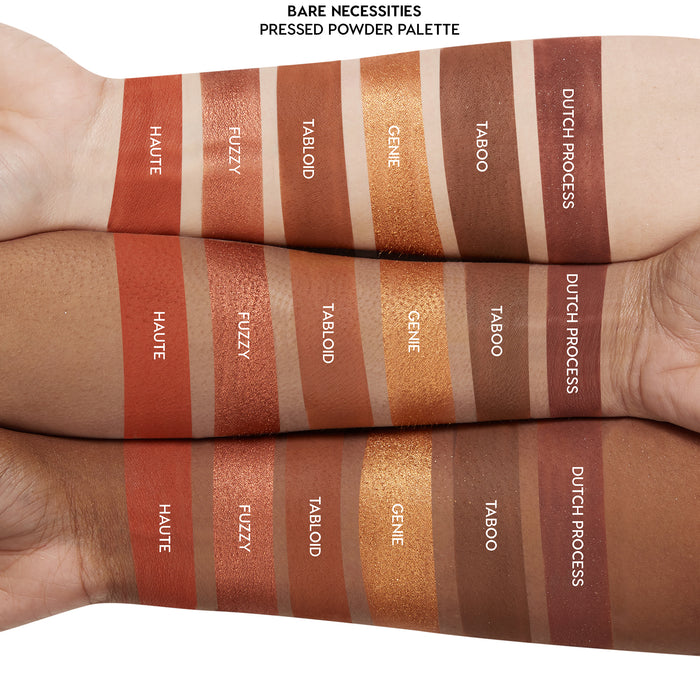 Swatches show the Bare Necessities ColourPop Shadow Palette pressed powders, Haute, Fuzzy, Tabloid, Genie, Taboo, Dutch Process, applied in stripes on three arms of different skin tones to compare pigment and finish.