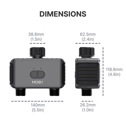 Bluetooth Smart Sprinkler Water Timer with 2 Outlet dimensions - MOES