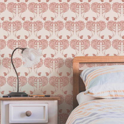 Block Print Mermaids Removable Wallpaper - A bedroom featuring Tempaper's Block Print Mermaids Peel And Stick Wallpaper in coral muse | Tempaper#color_coral-muse