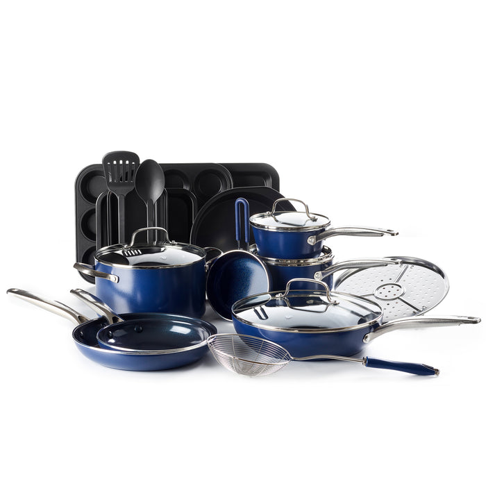A 20-piece cookware set with blue pots and pans, including lids and utensils, displayed on a white background.