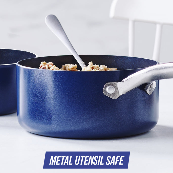 Blue diamond 20 piece stove top pot with utensil in pot with text saying Metal Utensil safe