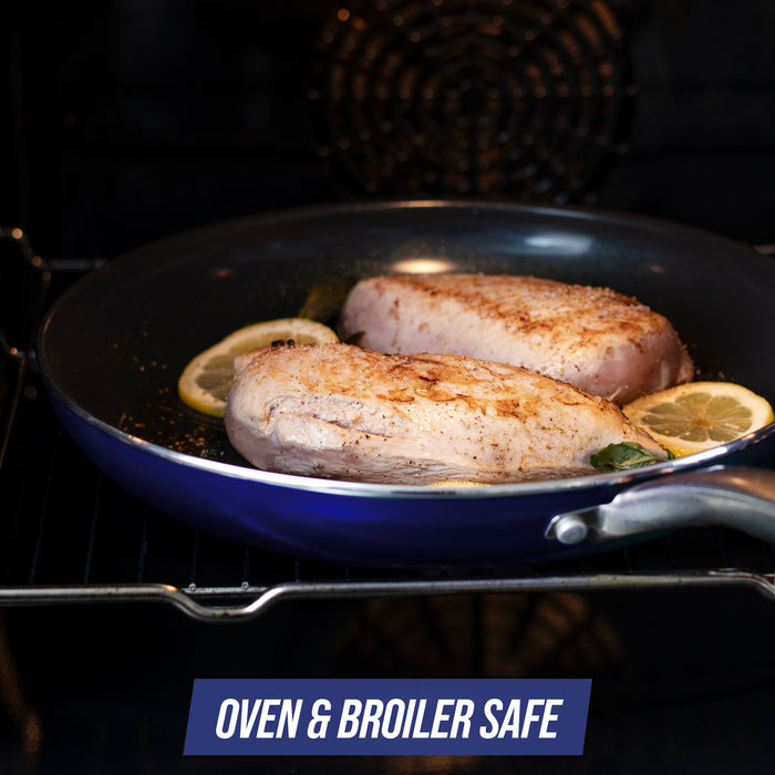 Bluediamond 10 inch pan with chicken meal in oven with message saying oven and Broiler Safe
