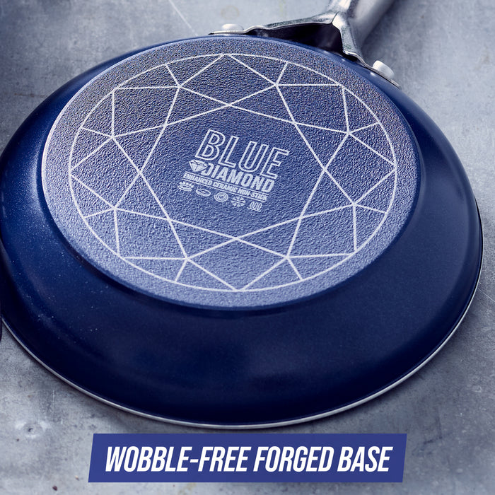 bottom of bluediamond 10 inch pan with message that says wobble free forged base